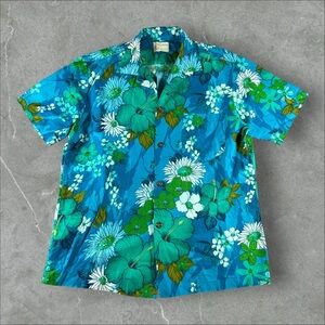 Vintage Royal‎ Hawaiian Shirt Men Medium Blue Loop Collar 1970s Floral Hawaii